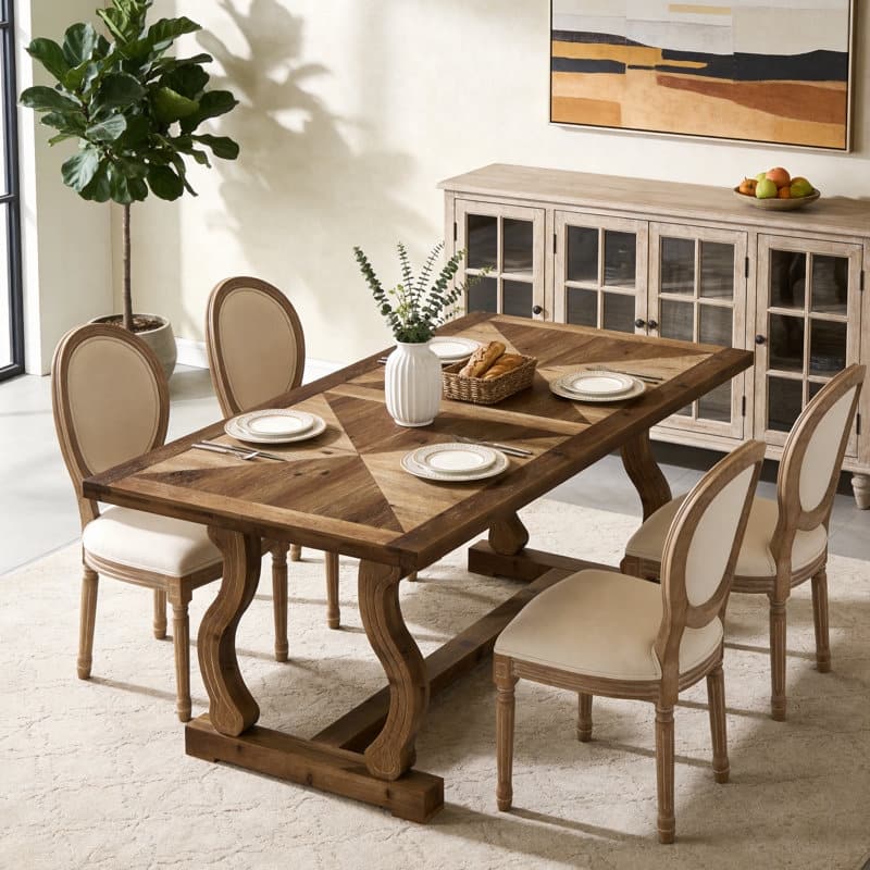63" Solid Wood Dining Table for 4-6, Diamond Parquetry Top and S-Scroll Legs