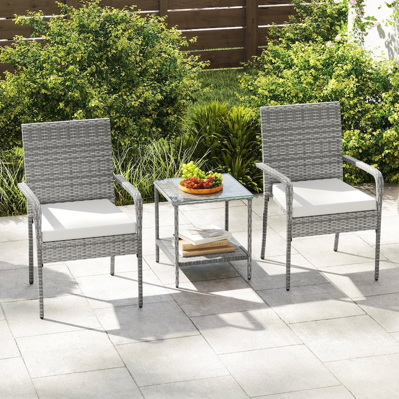 3-Piece Mix Grey Rattan Patio Furniture Set with Cushioned Chairs and Tempered Glass Table for Backyard or Balcony