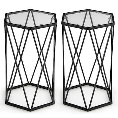 Costway Set of 2 End Table Tempered Glass Top Metal Frame Hexagonal - 16''x 13.5''x 24''