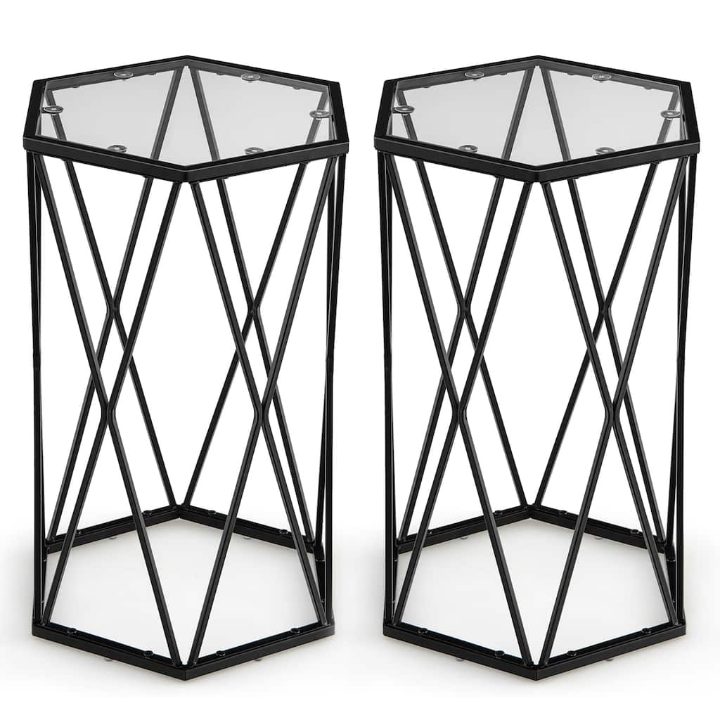 Costway Set of 2 End Table Tempered Glass Top Metal Frame Hexagonal - 16''x 13.5''x 24''