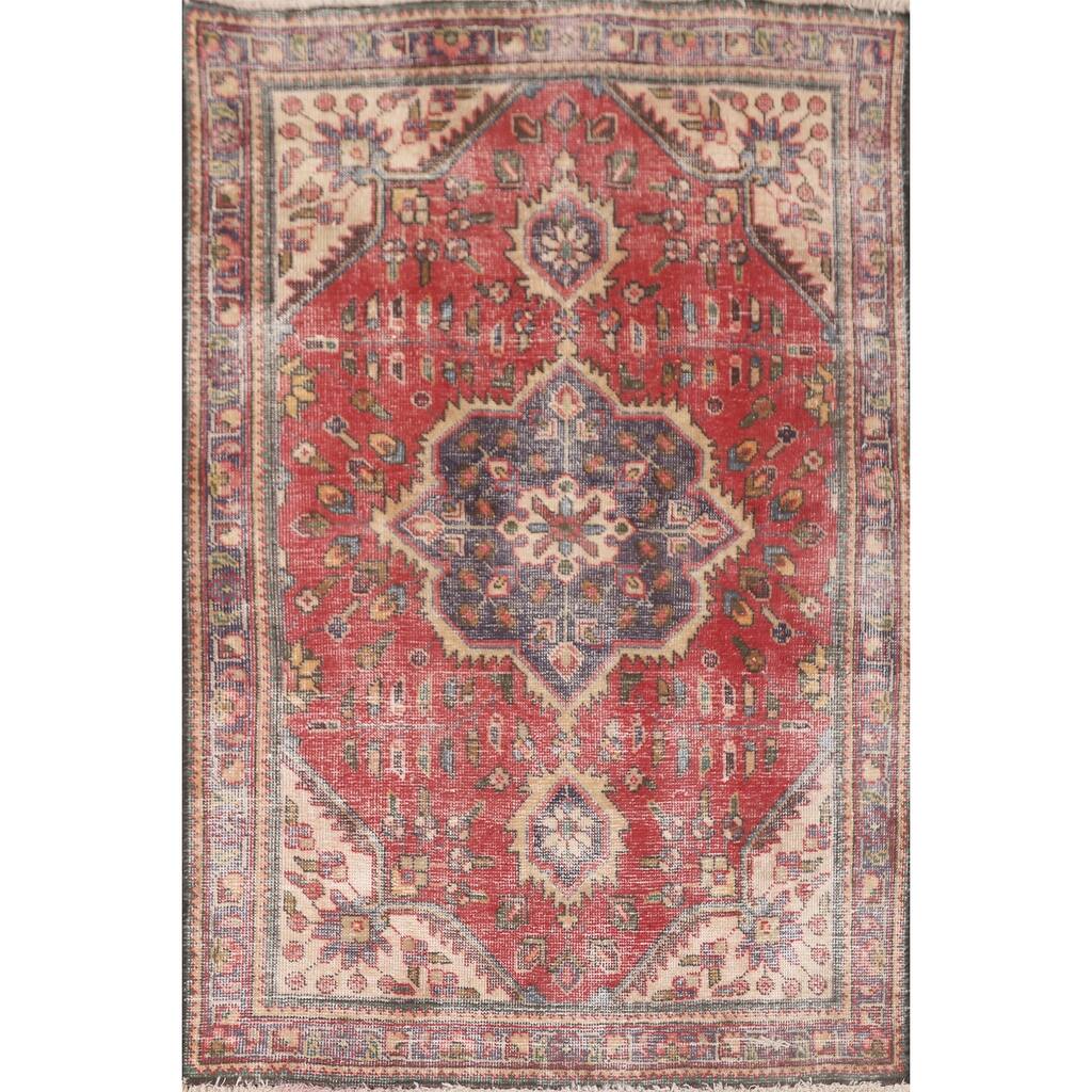 Hand Knotted Oriental 100% Wool Carpet Traditional Floral Red Tabriz Area Rug - 4' 11'' X 3' 2''
