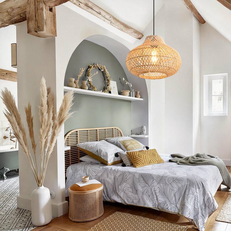 1-Light Boho Brown Rattan Hand-Woven Cloche Hanging Basket Pendant Light - 18.9" W x 59" H