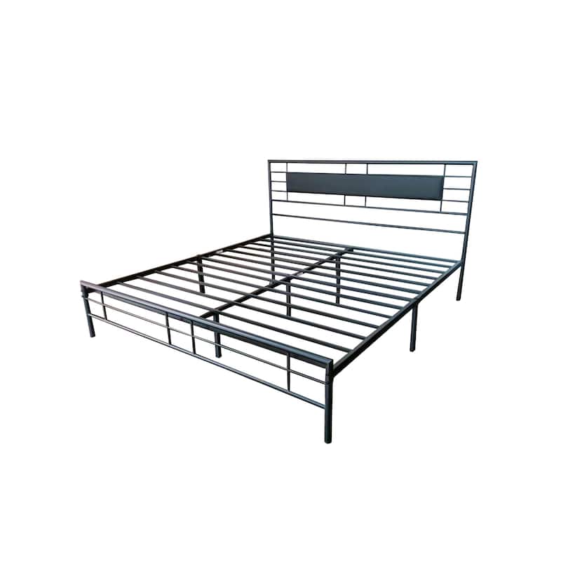 NNV Full Size Platform Metal Bed Frame with Leather Upholstered Headboard