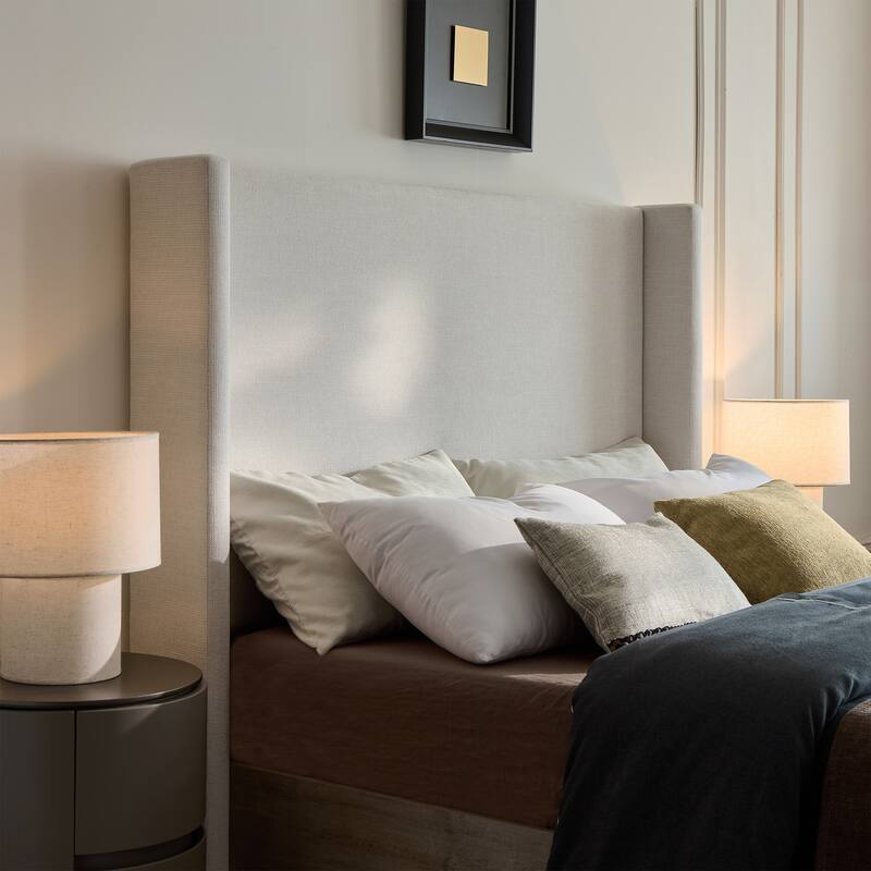 Rustic Modern Farmhouse Upholstered Wingback Bed with Textured Ivory Canvas Chenille, Queen Size, Sturdy Wooden Base