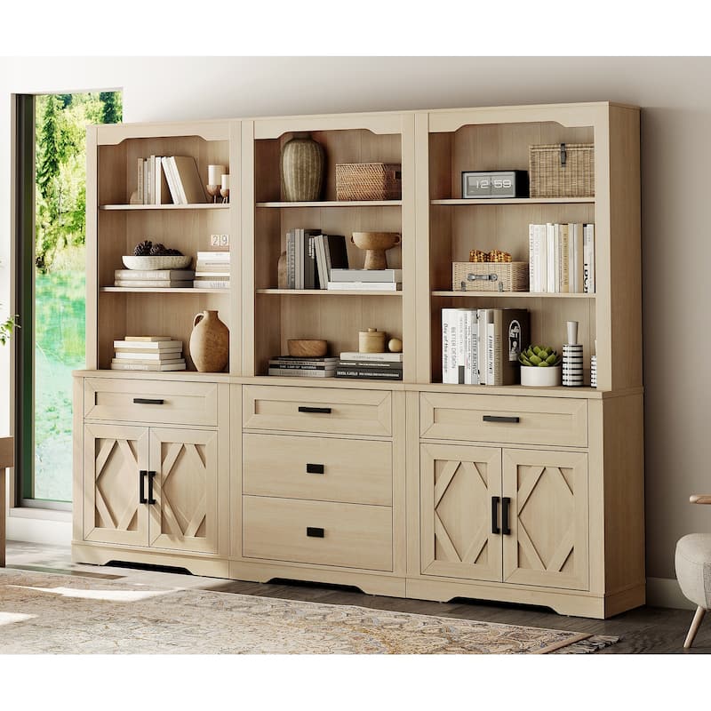 3-Column 73.3" Tall Bookshelf Set with Open Storage and Glass Doors