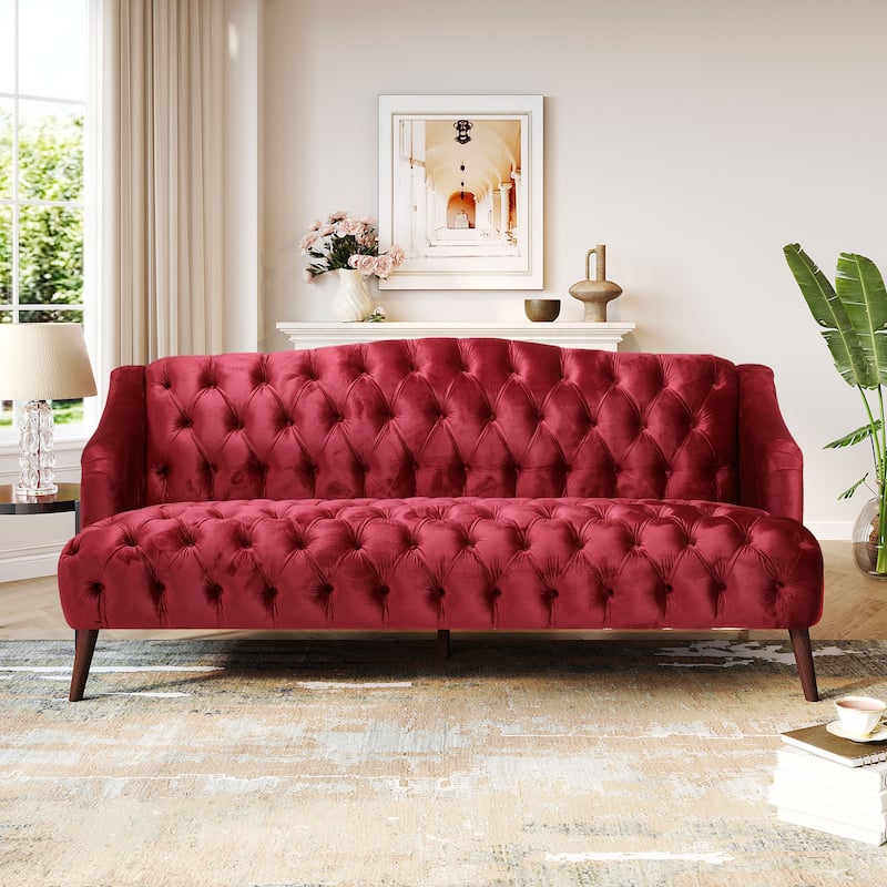 Adelia Modern Glam Tufted Velvet Sofa by Christopher Knight Home - Wine + Walnut Finish
