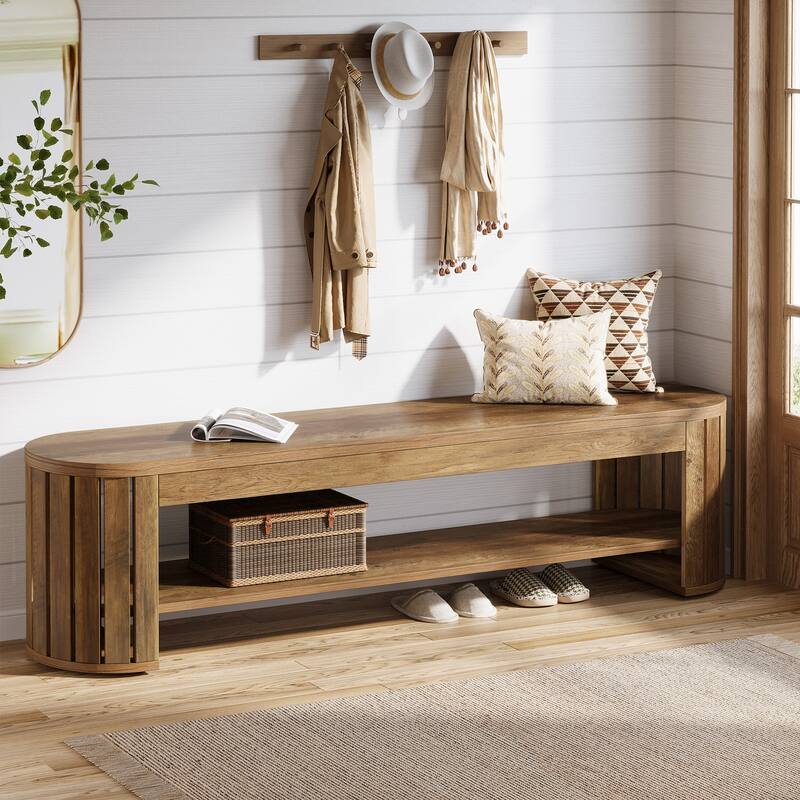 Wooden Entryway Bench, 63" 2-Tier Narrow Shoe Bench - Brown