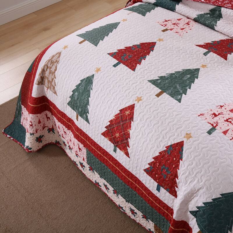 3 Pcs Festive Christmas Tree Quilt Bedspread Set