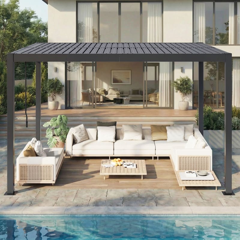 Outdoor Louvered Pergola with Optional Winter Cover – Adjustable Hardtop Gazebo, Steel Frame - 10x12 ft - Black