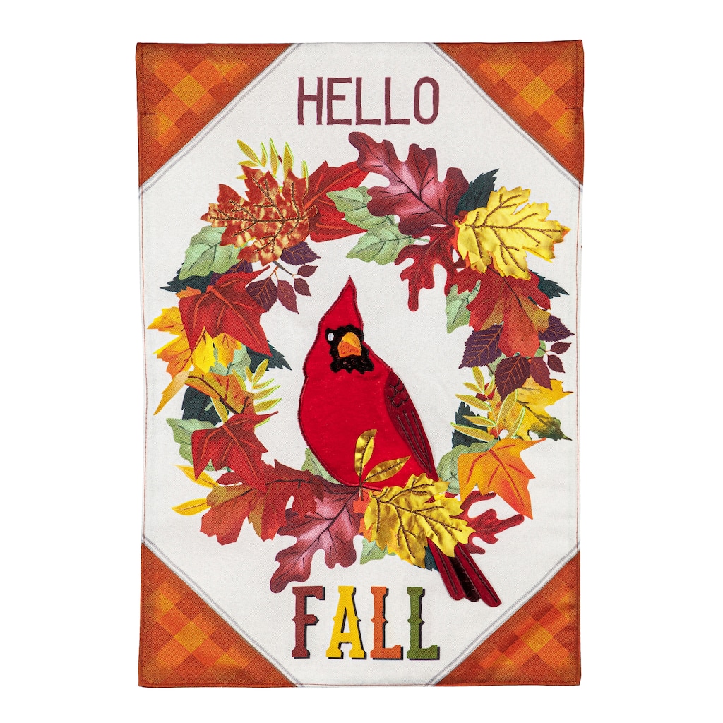 Hello Fall Cardinal Wreath Garden Linen Flag