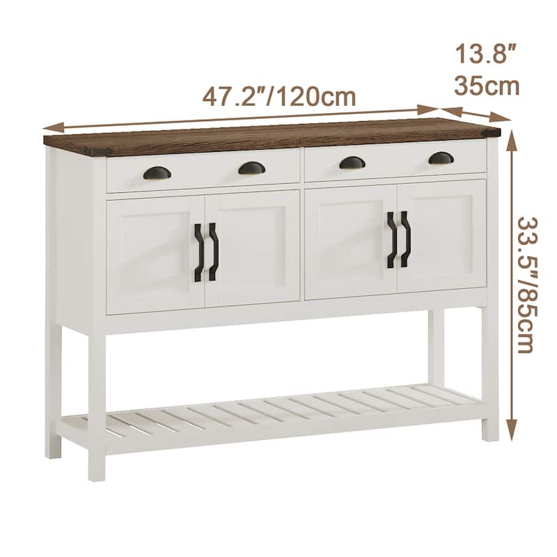 47'' Modern Farmhouse Console Storage Table - Two Drawers, Four-Door Cabinet with Adjustable Shelves & Slatted Display Shelf