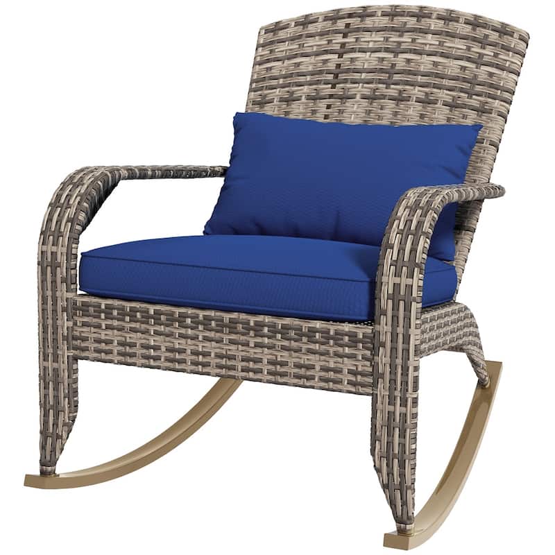 Adirondack Rocking Chair Outdoor PE Rattan with Cushions Steel Frame Patio Garden Porch - 26" W x 35" D x 38.5" H