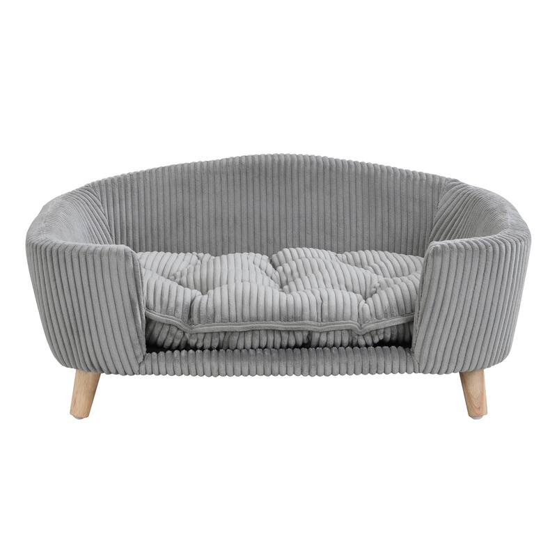 Roomfitters Modern Dog Sofa Bed, Corduroy Pet Couch with Supportive Foam and Wooden Legs, Elevated Design - Grey