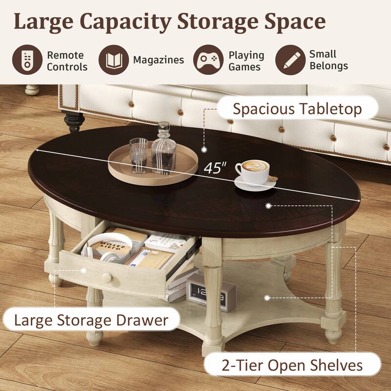 Oval Coffee Table with Drawer and Storage Shelf