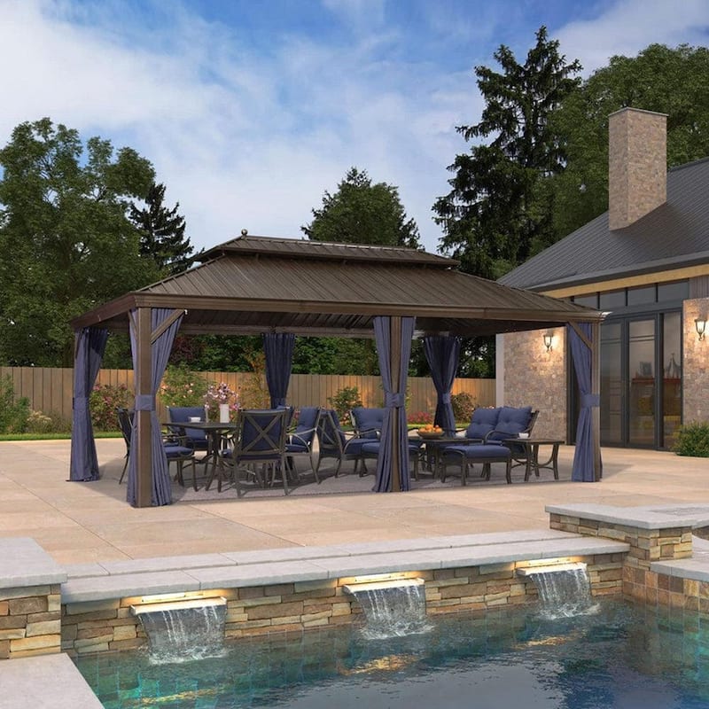 PURPLE LEAF Outdoor Hardtop Gazebo For Patio Bronze Aluminum Frame Pavilion With Navy-Blue Curtain - 12ft x 20ft - Navy