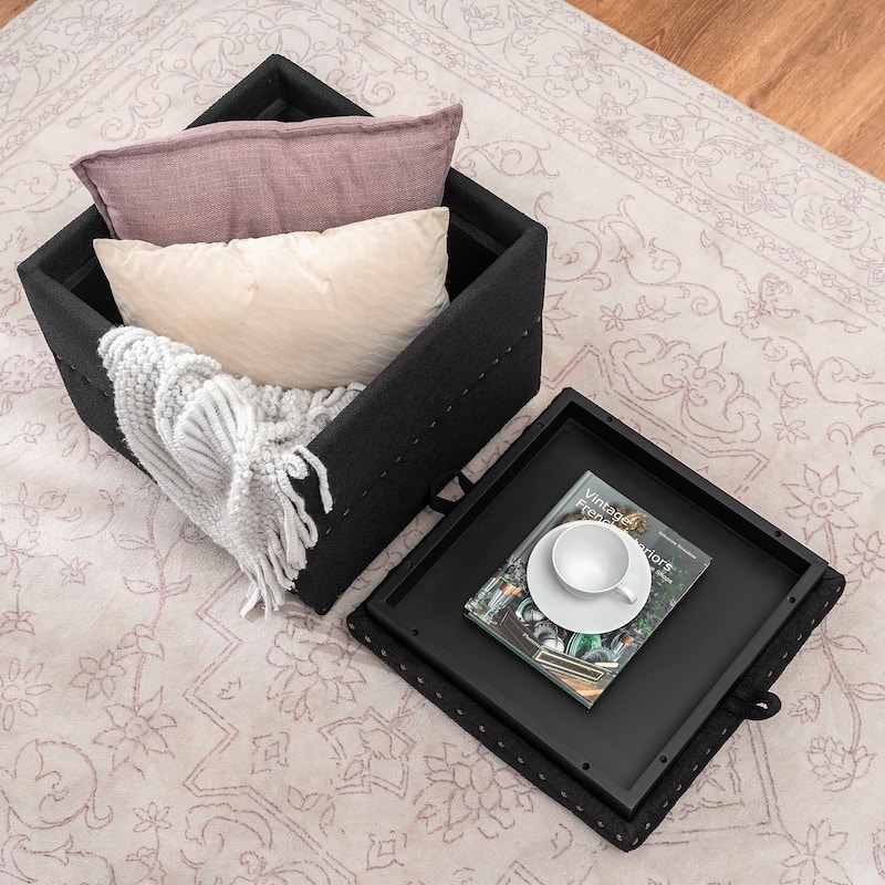 Adeco Fabric Square Ottoman with Tray