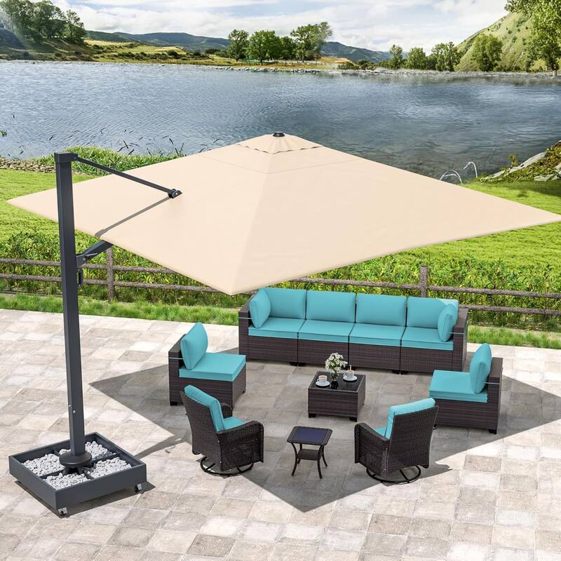 Outdoor Conversation Set, Patio Furniture set with 12FT Patio Umbrella in Khaki and Side Table - Turquoise - 11 Pcs