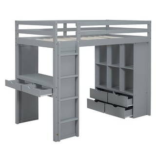 Full Size Loft Bed with large shelves, writing desk and LED Light