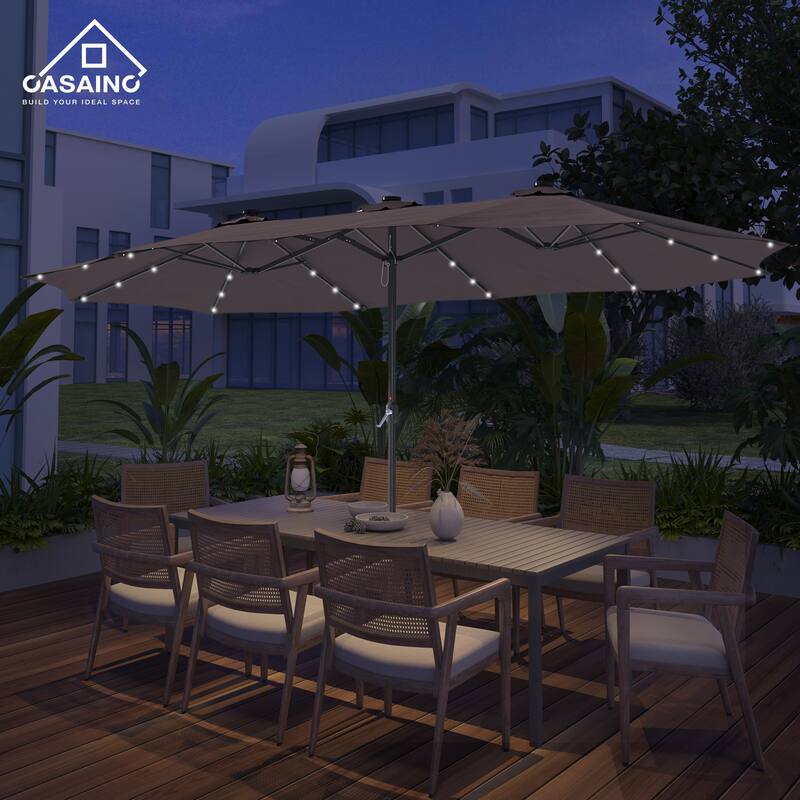 15-ft. Rectangular Crank Double-sided Outdoor Market Umbrella Solar LED Lighted Patio Umbrella with Base Included