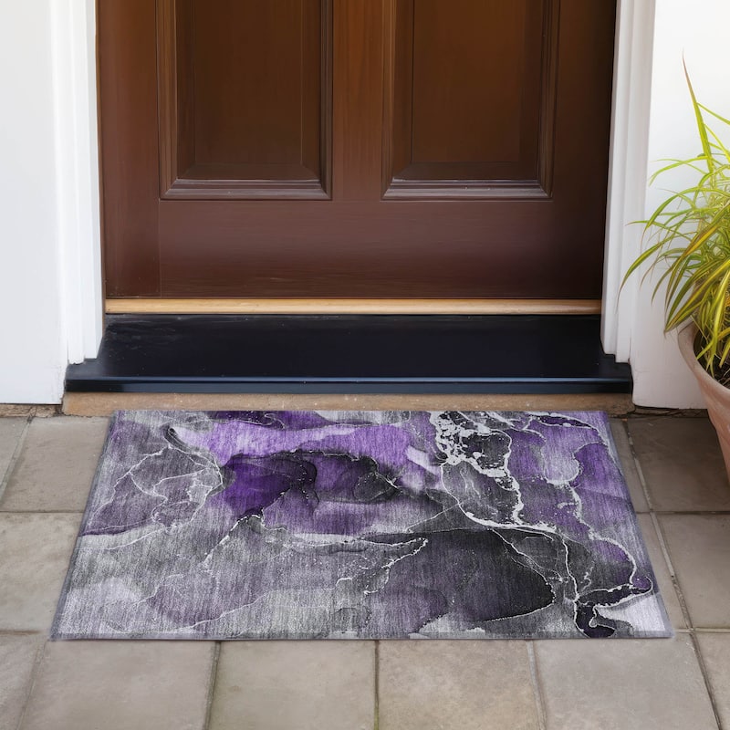 Machine Washable Indoor/ Outdoor Chantille Abstract Purple Rug