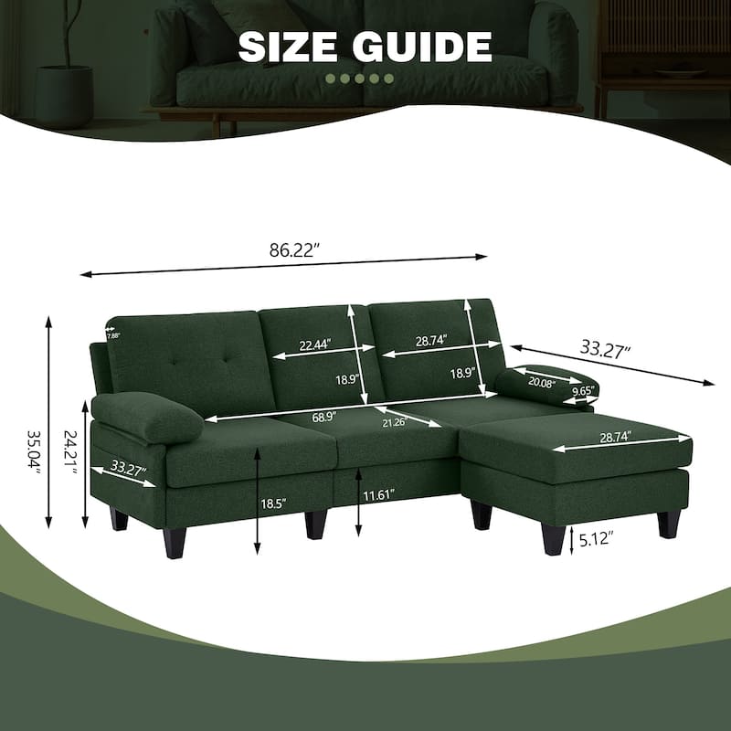 86.22" Wide Sectional Sofa with Ottoman & Side Storage Bags