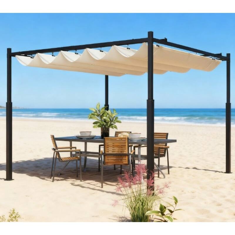 GDFStudio - 10'x10' Outdoor Retractable Pergola with Magnetic Canopy & Upgraded Hooks - Cream White