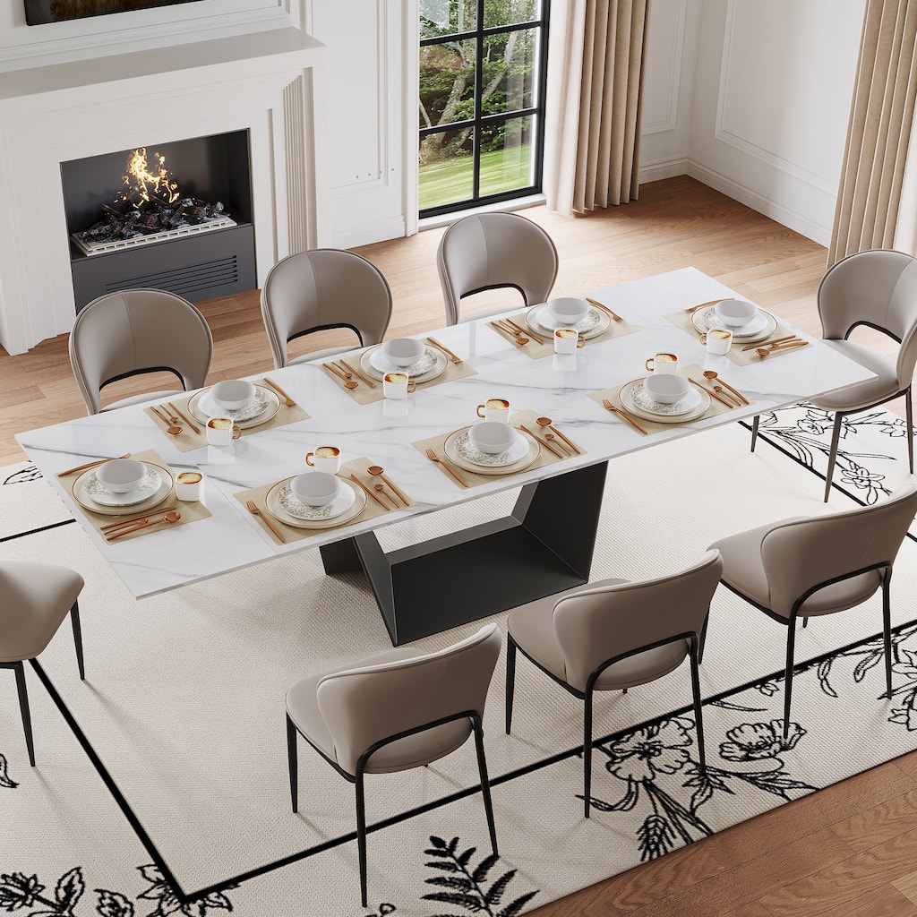 63"-95" Modern Extendable Dining Table For 6-10,White Glossy Sintered Stone Tabletop - 95