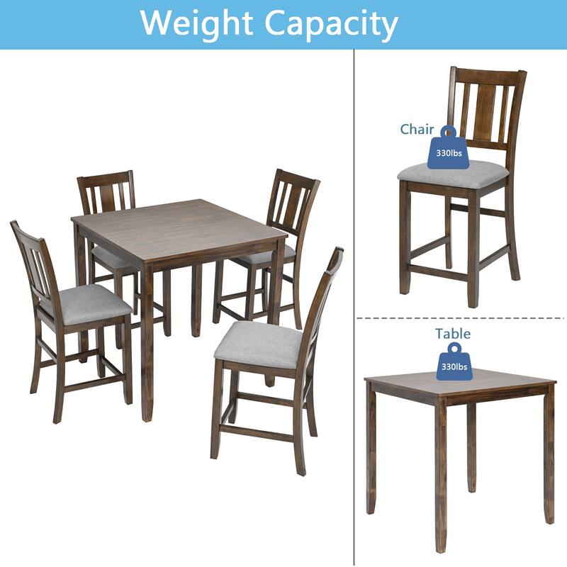 5 Piece Counter Height Dining Table Chairs Set Kitchen Dining Table Set Wooden Square Dining Table with 4 Dining Chairs