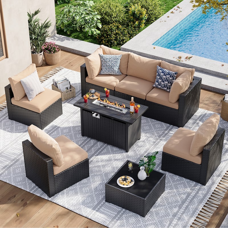 Wicker Rattan Patio Sectional Sofa Set - 8 PCS - Beige