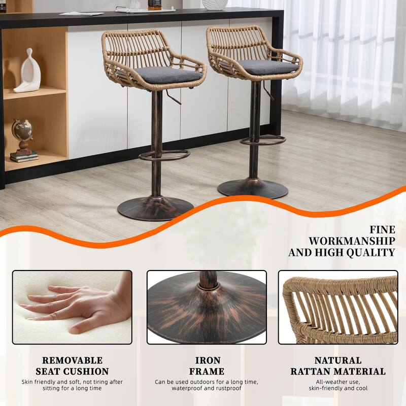 Plastic Rattan Linen Swivel Adjustable Height Bar Stools With Footrest(set of 2)