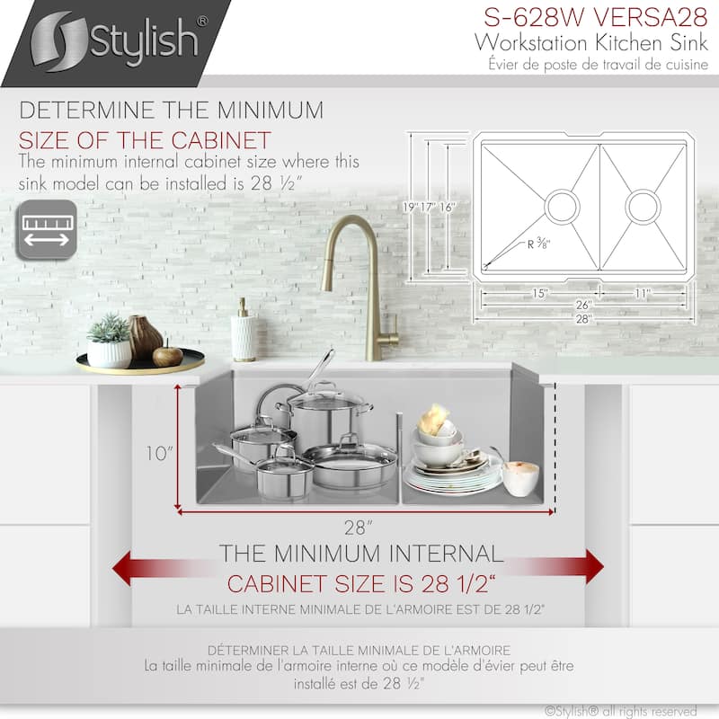 STYLISH 28 inches Workstation 60/40 Double Bowl Undermount 16 Gauge Stainless Steel Kitchen Sink with Accessories included