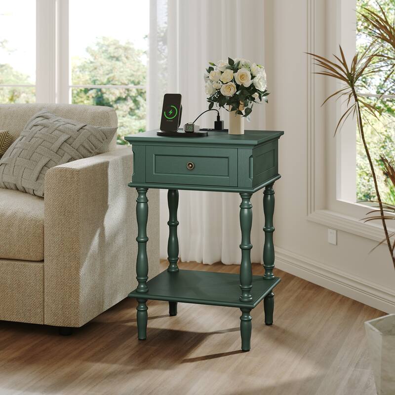 Nightstand with Built-in Charging Outlets, Minimal Assembly Needed - Green