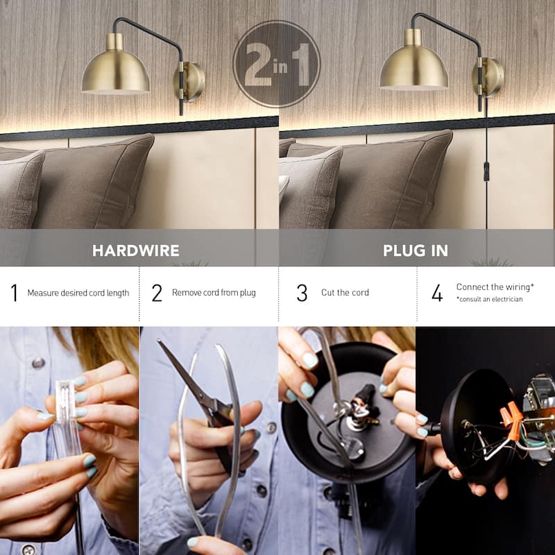 Dimitri 1-Light Antique Brass Plug-In or Hardwire Wall Sconce - 8.25