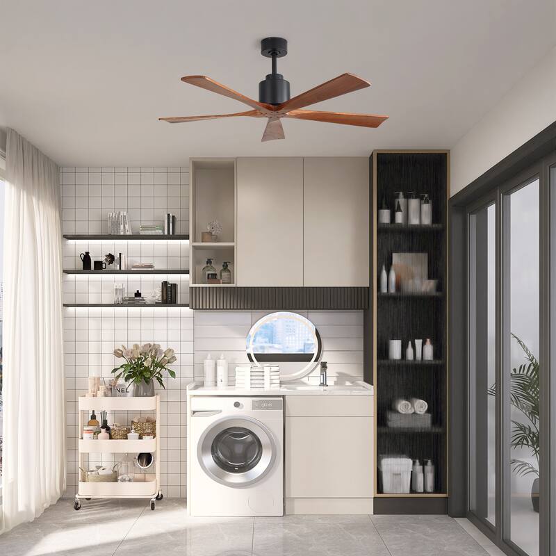 52-inch Matte Black Ceiling Fan without Light, Walnut Wood Blades, Remote Control, Reversible DC Motor