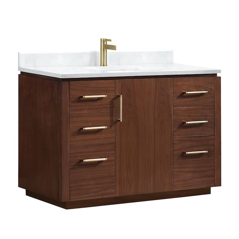 San Single Bath Vanity with Composite Stone Top without Mirror - 48in. - Natural Walnut