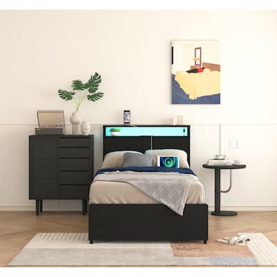 Twin Size Practical Storage Bed with 4 Drawers, Smart LED Platform Bed with Charging Station, Heavy Duty Metal Twin Bed Frame