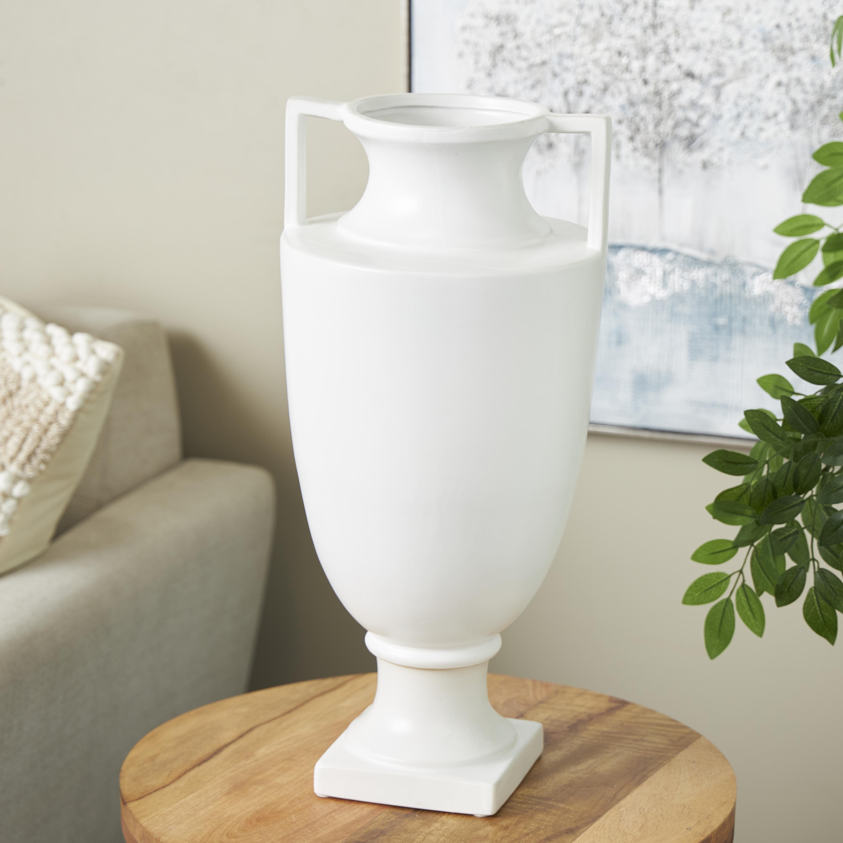 White Ceramic Fluted Urn Shaped Decorative Vase with Handles