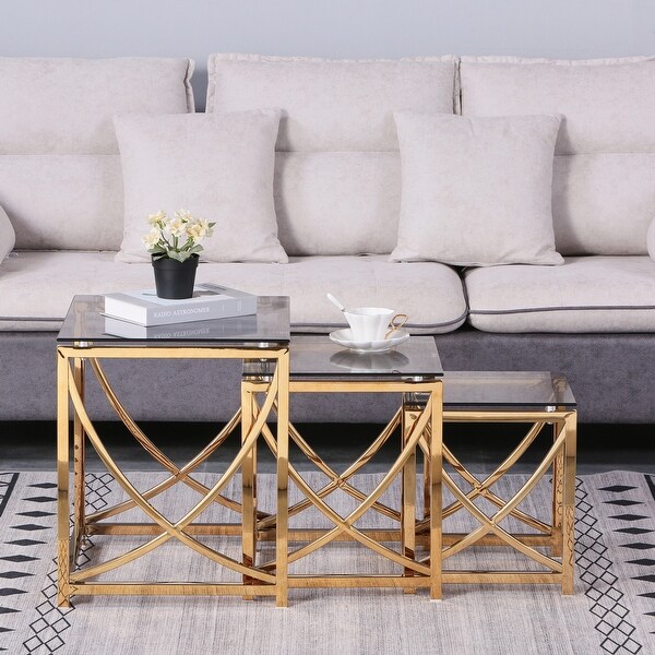 3 Pieces Gold Square Nesting Glass End Tables Stainless Steel Coffee Table Set with Tempered Glass for Living Room Bed Bath Beyond 39494648
