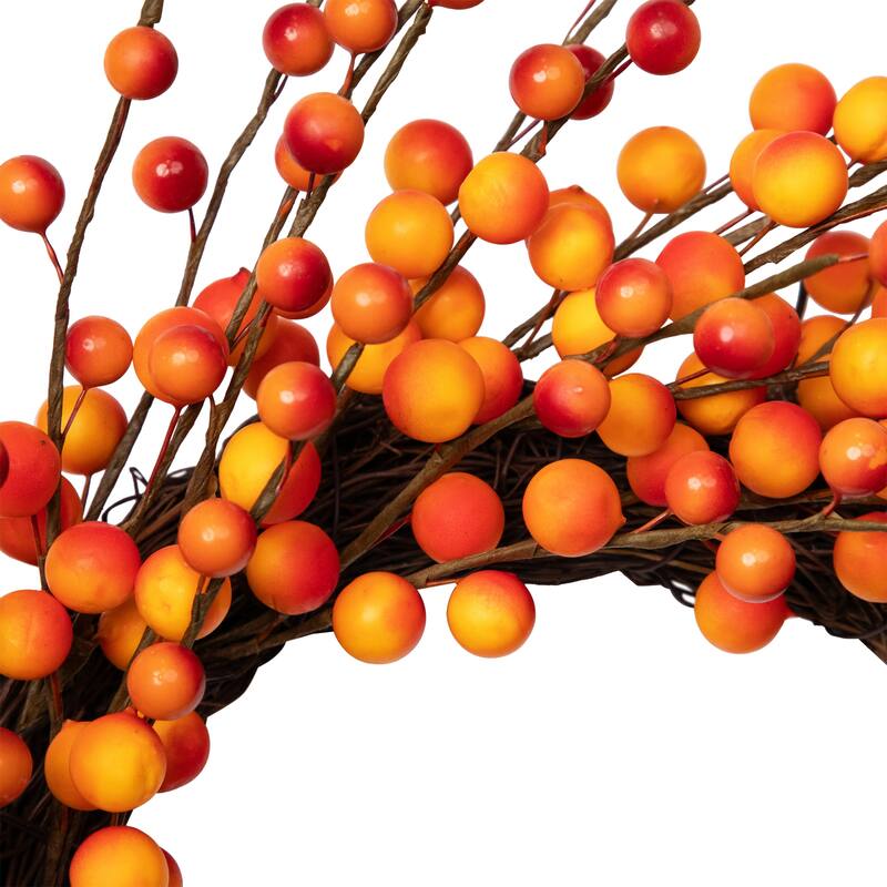 14" Orange Red Berry Artifical Fall Harvest Twig Wreath, 14", Unlit