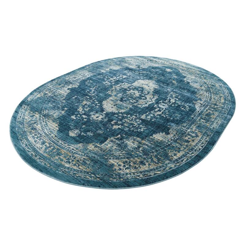 Traditional Hadeya Collection Area Rug - Navy Blue - 6'1"x9' Oval