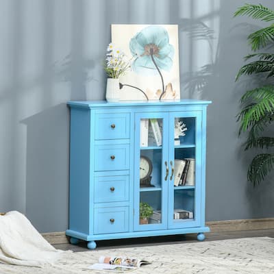 HOMCOM Storage Sideboard Cabinet with 4 Drawers and Glass Door Cupboard, Console Table for Living Room Dining Room Kitchen