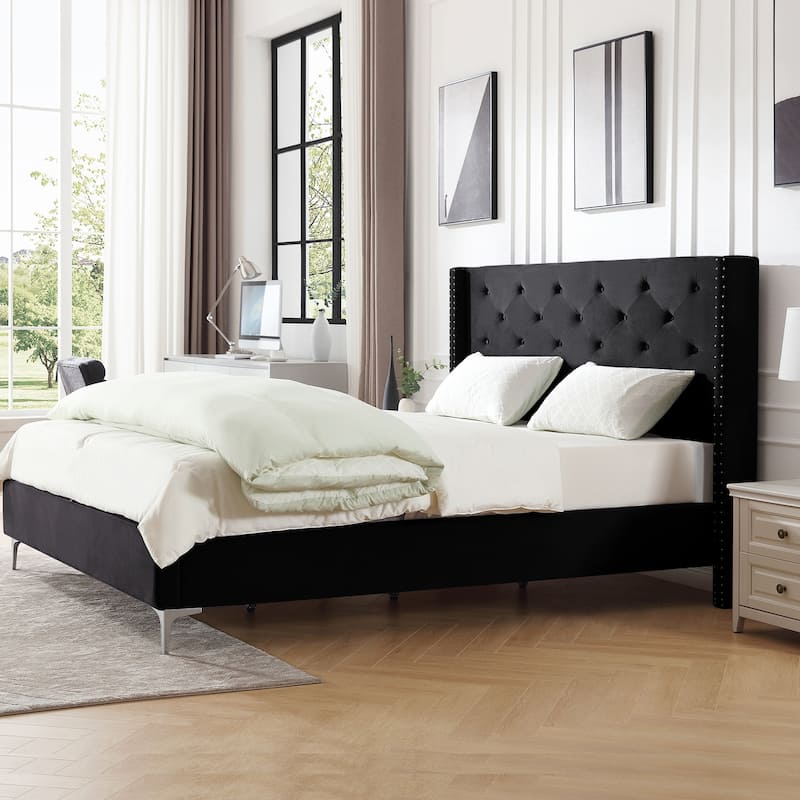 California King Velvet Upholstered Platform Bed Frame