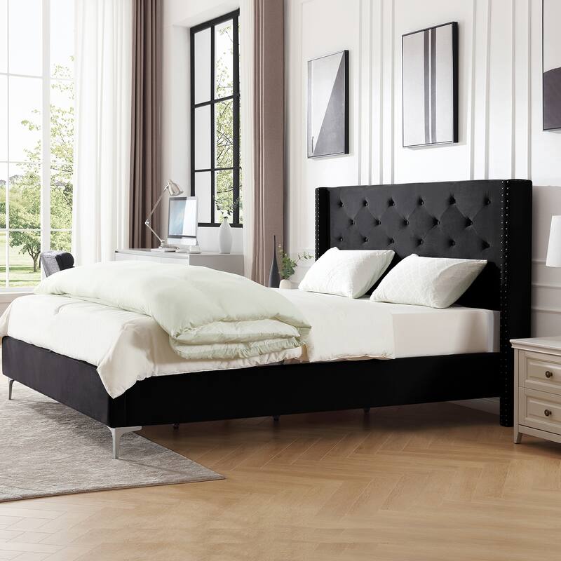 Morden Fort Queen Size Velvet Upholstered Platform Bed Frame with 6 inches Metal Legs