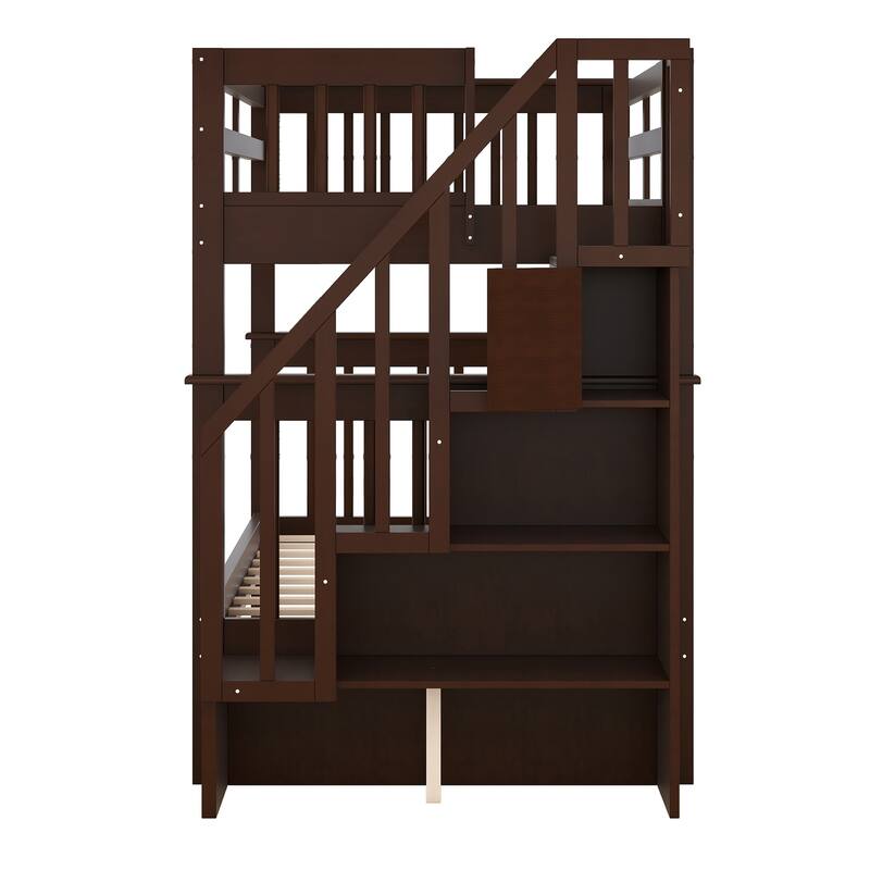 Twin-Over-Twin Bunk Bed with Stairs & Trundle, Solid Wood, Storage Compartments, No Box Spring