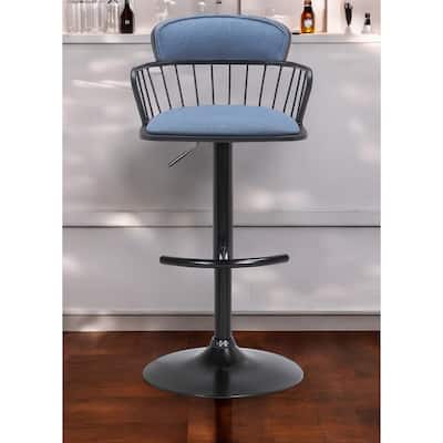 Blue and Black Fabric with Metal Swivel Low Back Adjustable Height Bar Chair