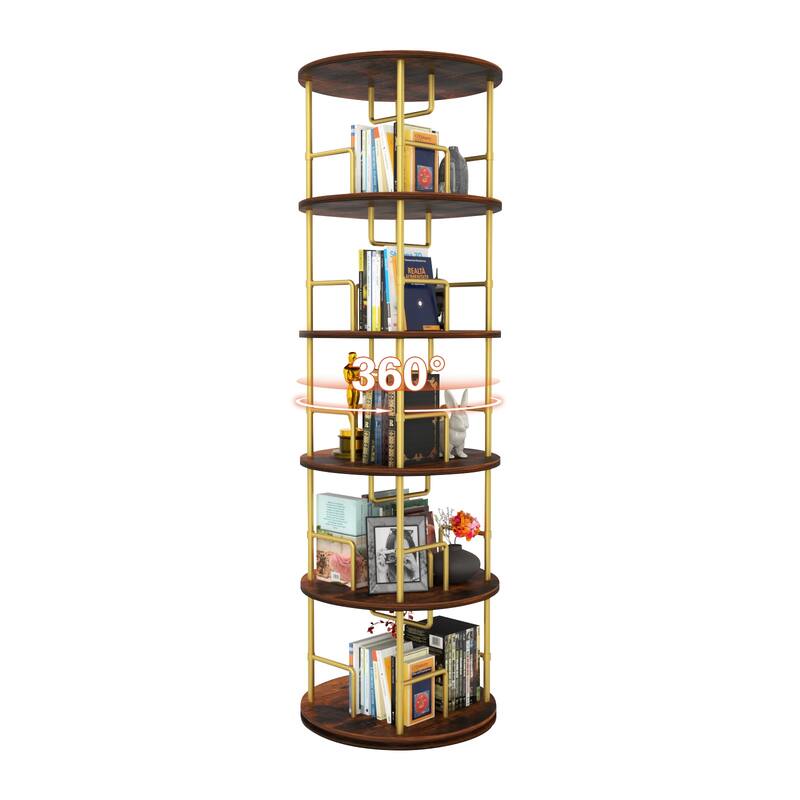 5 Tier Rotating Bookshelf (Gold) - 360° Display Round Spinning Bookshelf, Wood & Metal Stackable Spinning Bookshelf Tower.