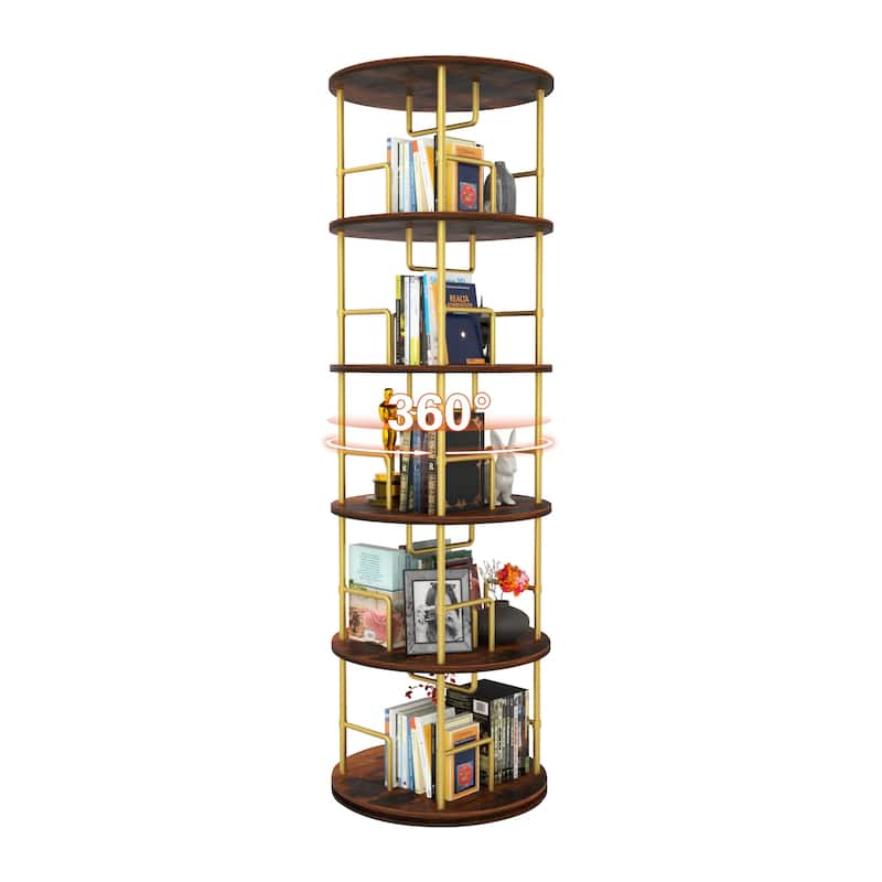 GDF Studio - Fremont Modern 5-Tier Wood and Metal Rotating Bookshelf with 360-Degree Swivel Design