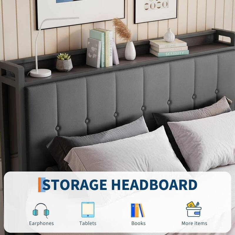 Bed Frame with Lift Up Storage and Storage Headboard