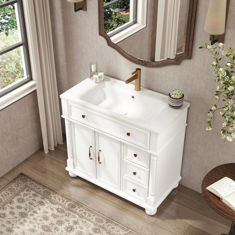 28"/36" Bathroom Vanity with Sink, Integrated Ceramic Basin Vanity Cabinet with Roman Column Base, Solid Wood Frame