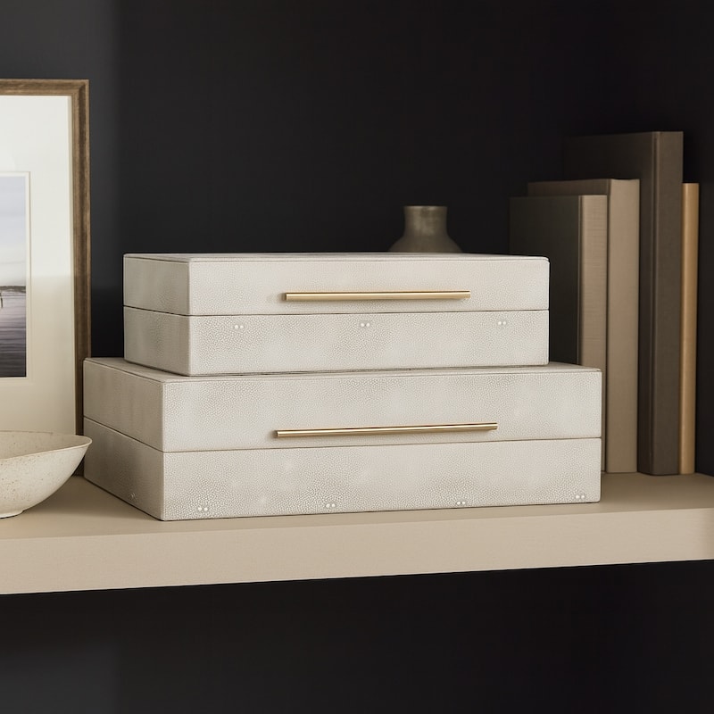 Decorative Rectangle Storage Boxes with Lid (Set of 2) - Gray, 12" - 14" - 14.0" - Ivory/ Gold - 14.0"